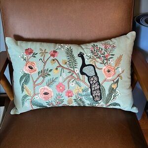 Rifle Paper Co. Green and Pink Accent Pillow with Floral Embroidery